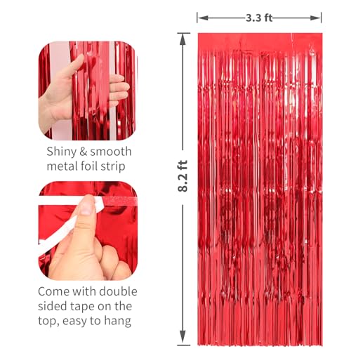 Image of 2 Pack Red Foil Fringe Curtains Streamers Party Decorations 3.3 x 8.2 ft, Tinsel Curtain Fringe Backdrop for Parties, Door Fringe Birthday Streamers, Photo Booth Backdrops, Party Decor