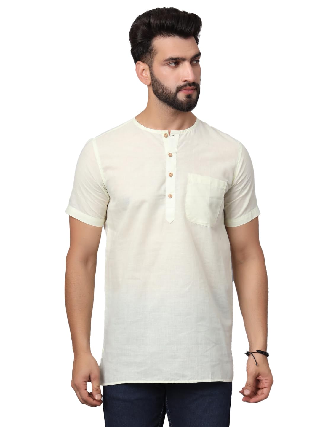 latest chikan Men's Cotton Straight Round Neck Summer Cool Short Kurta Half Sleeves…-picture-12