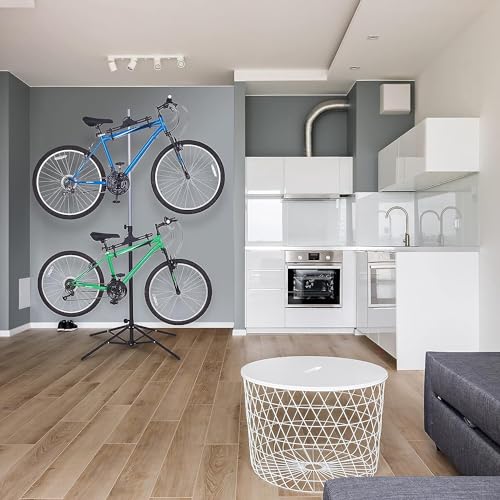 RaxGo Bike Garage Storage Rack, 2 Bicycle Garage Floor Stand, Foldable, Freestanding, Adjustable Hooks, For Mountain & Road bicycles, Universal For Indoor Use