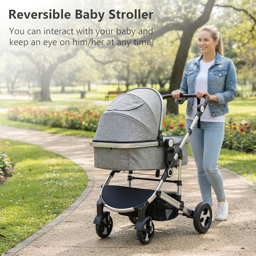 Kinder King 3 in 1 Reversible Baby Stroller w/Detachable Tray, Convert to Newborn Pram, Folding Infant Carriage for Toddler, Adjustable Canopy & Handle, Aluminum Alloy, Suspension Wheels - Thumbnail 4