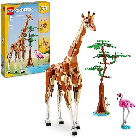 LEGO Creator 3w1 Dzikie zwierzęta safari, żyrafa do przebudowania na gazele lub lwa, zabawka z klocków dla dzieci od 9 lat, dziewczynki i chłopca, z flamingiem i motylem, prezent przyrodniczy, 31150