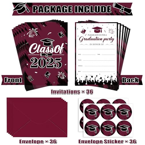 Graduation Party Invitations 36 PCS 2025 Maroon Invite Card with Envelopes Burgundy Announcement Card for Class of 2025 College University Celebration