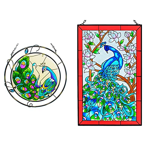Vewogarden W10 Xh15 Peacock Stained Glass Panel Hangings +10" Peacock Stained Glass Window Hanging With Metal Chain #TOP20