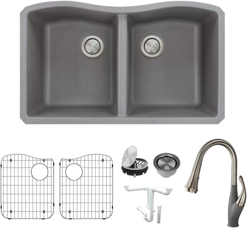 Transolid KF-AUDE3219-17 Aversa Granite Undermount Equal Double Bowls Kitchen Sink Kit, Including Faucet, 31.94-in L x 19.13-in W x 9-in H, Grey
