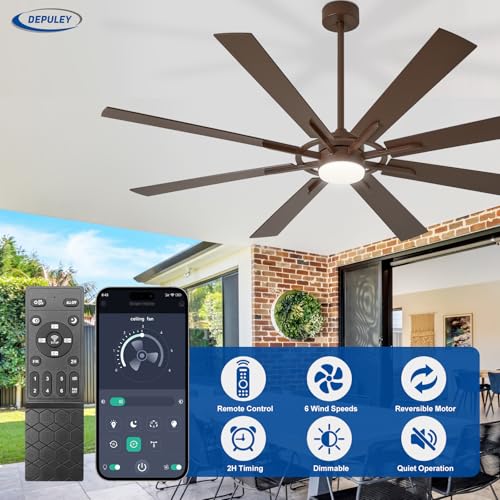 Image of Depuley 72-Inch Ceiling Fan with Light: Modern 8-Blade Brown and Wood Grain Indoor Outdoor Fans with Remote App Control Dimmable Light - Ultra Quiet DC Motor Reversible 6 Speed Timer