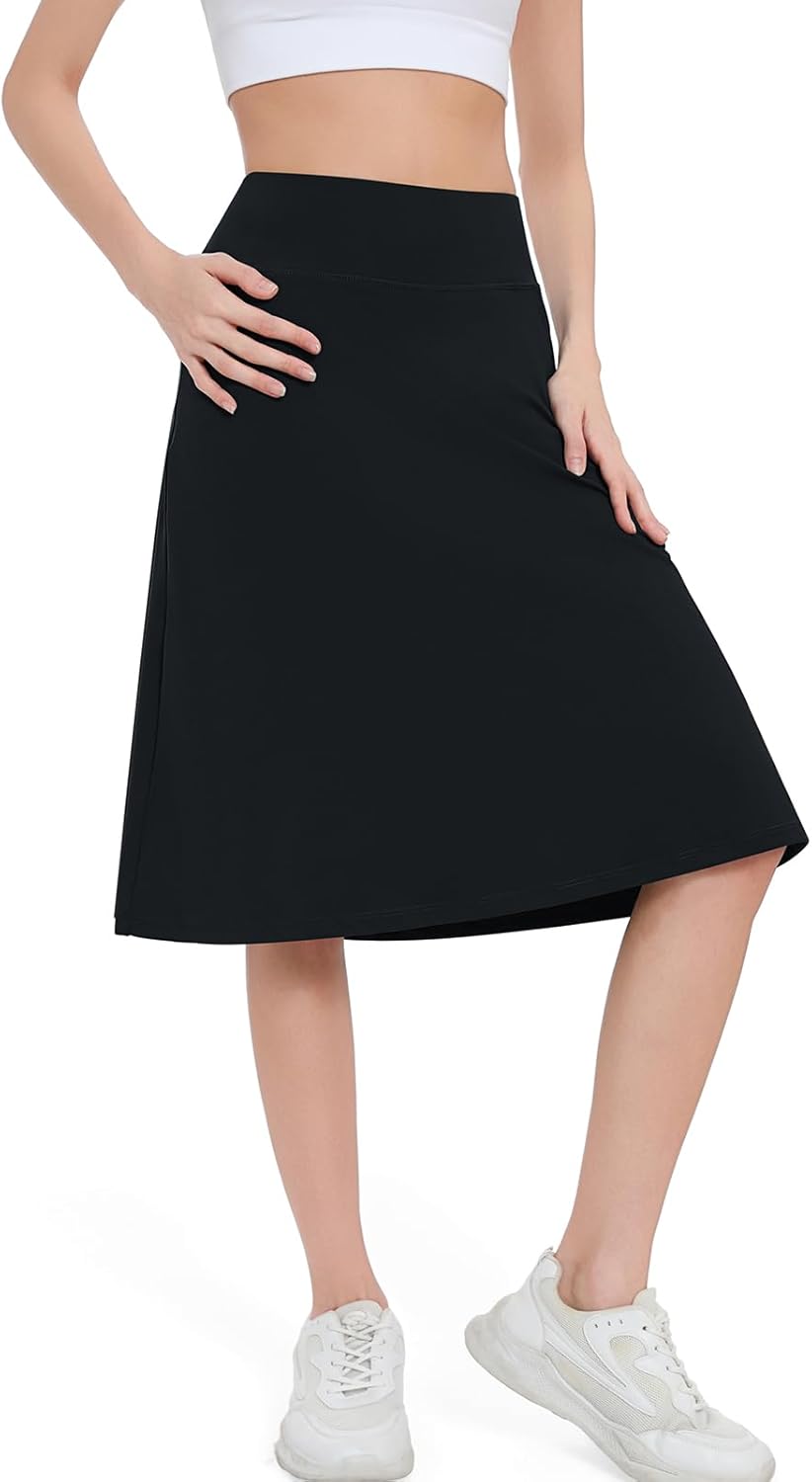 Women's Midi Knee Length Skirts with Arc-Shaped Pockets,26" Knee Long Skorts for Women Athletic Swim Skirts