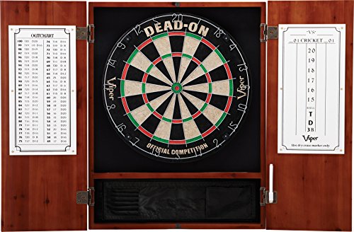 Viper Metropolitan Solid Wood Cabinet & Sisal/Bristle Dartboard Ready-to-Play Bundle: Deluxe Set (Dead On Dartboard and Darts), Cinnamon Finish