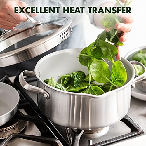 GreenPan Venice Pro Tri-Ply Stainless Steel Ceramic Non-Stick Cookware Pots and Pans Set, 10-Piece, PFAS Free, Induction, Oven Safe, Silver
