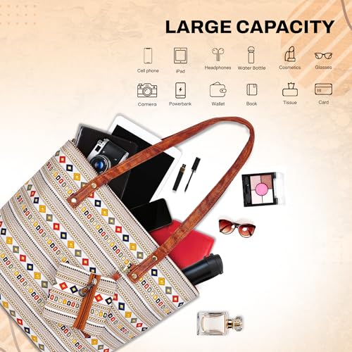 Image of Storite Women's Tote Bag with Leather Handles & Embroidery Printed Handbag with Zip Pockets, Shoulder Tote Bag and Handbag for Office and College