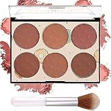 6 Colors Blush Palette with Brush,Face Blush Palette,Matte & Shimmer Powder Blush,Smooth & Silky,Ski