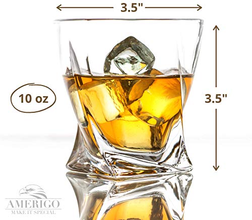 Amerigo Premium Whiskey Glass Set of 4 in Luxury Gift Box - Twist Whiskey Glasses 10oz for Scotch, Bourbon & Old Fashioned Cocktails - Whisky Gift for Men - Glass Tumblers - Fathers Day Gift - Bar Set
