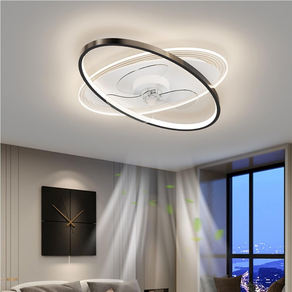 HXYSXHJUO Ceiling fan light LED Fan Light 55CM Dimmable 6-Speed Reversible Blades Timer with Remote Control Semi-Recessed Low Profile Gold Black Oval Silent (Color