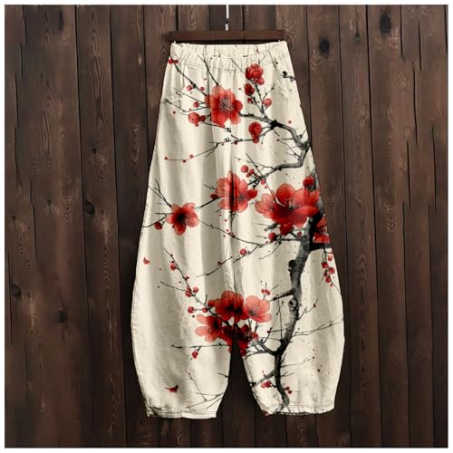 Wide Leg Pants for Women Boho Floral Printed Elastic Waist Baggy Trousers Loose Fit Lounge Pants with Pockets4