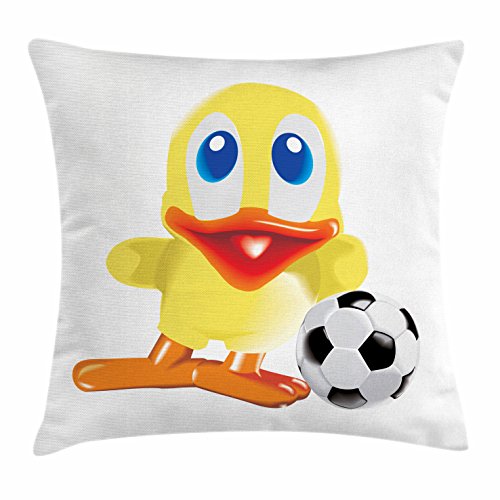 Lunarable Duckies Throw Pillow Cushion Cover, Happy Soccer Themed Cartoon Style Modern Duck Illustration and Football Sport Print, Decorative Square Accent Pillow Case, 24