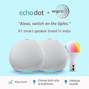 All-new Echo Dot (4th Gen, White) gift twin pack with Wipro 9W LED smart color bulb