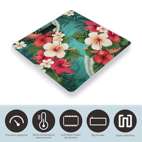 Báscula digital de baño con fondo verde y flores hawaianas miniatura 3