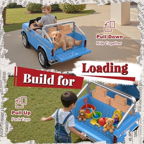 ANPABO Licensed Ford F-150 24V 2 Seater Ride on Car for Kids, 4x100W Motors for All-Terrain Electric Car with Parental Remote, Retro Style, 3-Speeds, Large Storage Box, Music Player, Aged 3-8, Blue - 5
