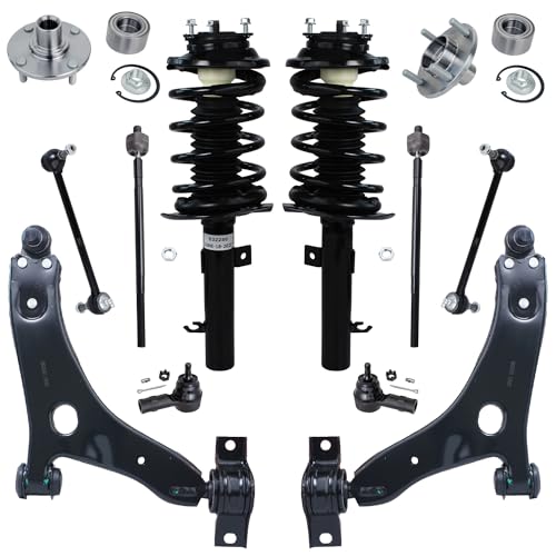 Image of Detroit Axle - 12pc Front End Suspension Kit for Ford Focus 2006-2007, Lower Control Arms w /Ball Joint Struts Wheel Bearing Hubs Tie Rods Stabilizer Sway Bars Replacement Ready Struts Shocks Assembly