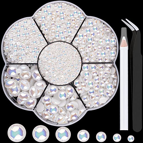 5600 Pcs Nail Art Flat Back Half Round Pearl Kits 1, 1 Box Of Flat-Back White Ab Pearl With Tweezer And Picker Pencil For Home Diy Nails Body Face Craft And Salon Use (2-10Mm) #TOP23