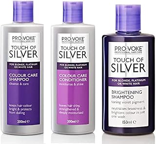 Set of 3 Touch Of Silver products: Silver Daily Maintenance shampoo, 200 ml, Daily Nourish conditioner, 200 ml, and Twice A Week Brightening shampoo, 150 ml, by ProVoke