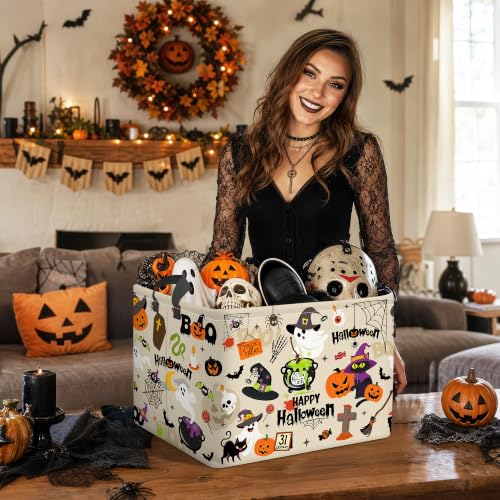 Image of Clastyle Large Spooky Halloween Baby Gift Basket Stuffers Boy Girl Pumpkin Bat Graveyard Boo Nursery Bin Kid Book Toy Box Collapsible Clothes Organizer for Bedroom, Spide Bat, 40 * 30 * 30 cm