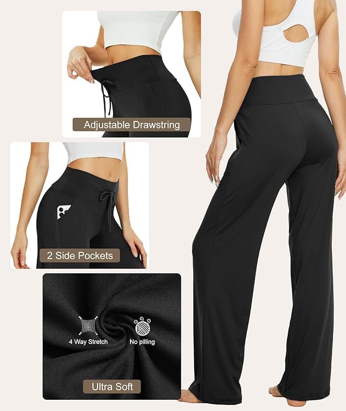 Image of TNNZEET 3 Pack Women's Wide Leg Pants with Pockets - Casual Loose Yoga Trouser Pants Sweatpants Palazzo Lounge Pajama Pants