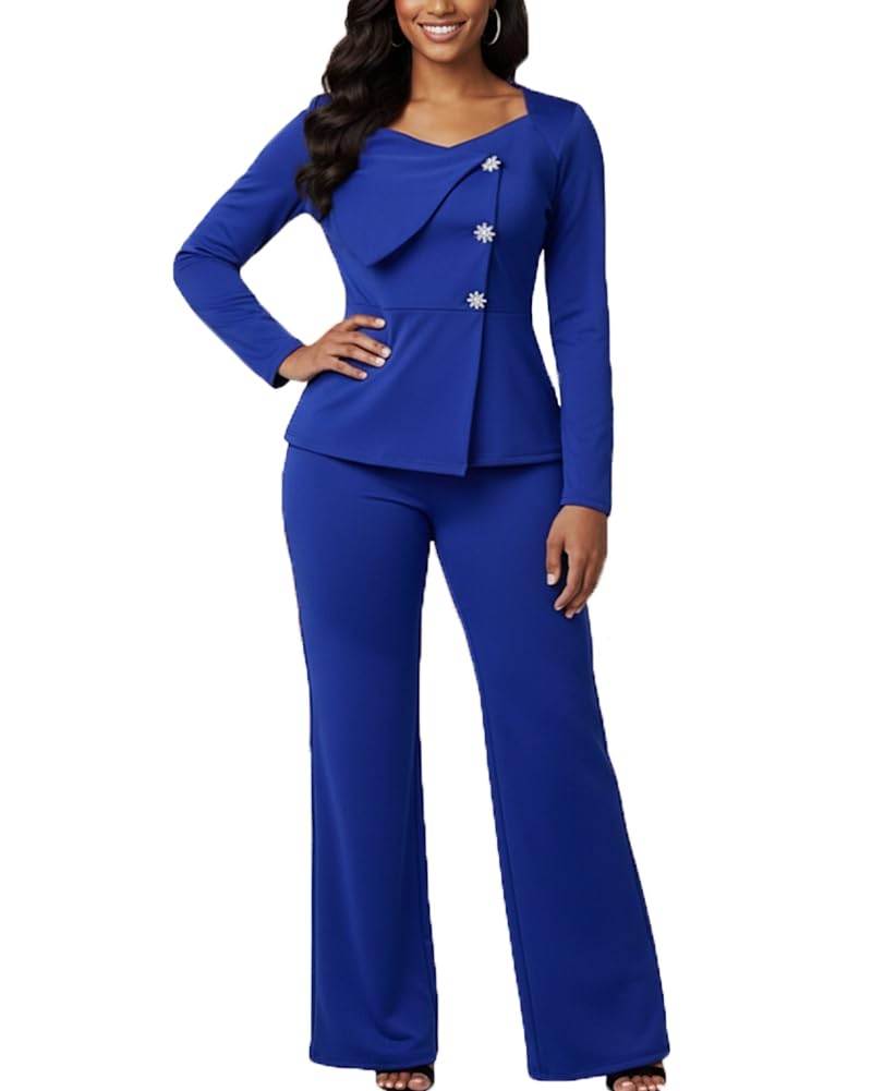HWP Womens Pant Suit Dressy 2 Piece Business Casual Outfits Long Sleeve Blazer Jacket Wide Leg Pants Set