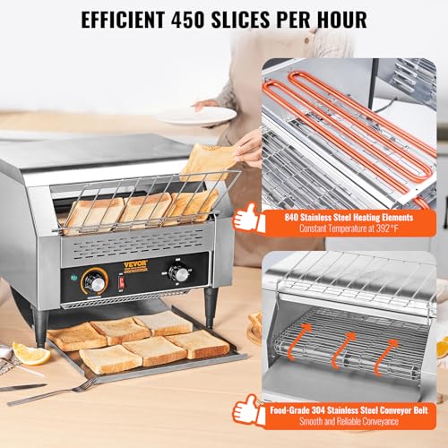 Image of VEVOR 1770W Commercial Conveyor Toaster, 450 Slices per Hour, Heavy Duty Electric Toaster Oven, Food-Grade 304 Stainless Steel Conveyor Belt, Dual Knob Control, for Restaurant Bakery Bread Bagel Bun