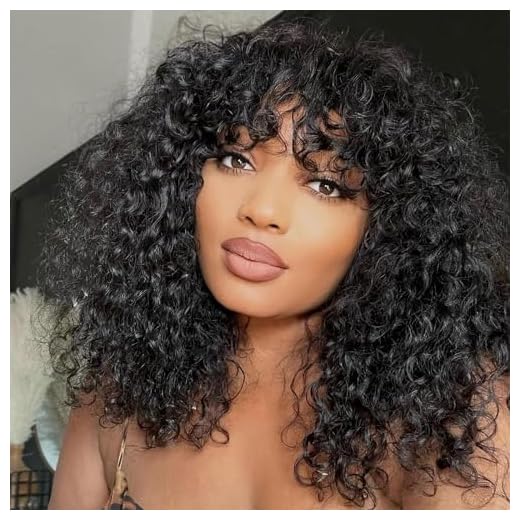 INSBEAUTY Jerry Curly Human Hair Wigs With Bangs 200% Density Virgin Human Hair Glueless Scalp Base Top Full Machine Made Wig For Black Women Brazilian Curly Wigs Natural Color 18 Inch