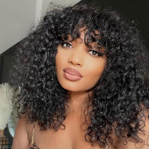 INSBEAUTY Jerry Curly Human Hair Wigs With Bangs 200% Density Virgin Human Hair Glueless Scalp Base Top Full Machine Made Wig For Black Women Brazilian Curly Wigs Natural Color 14 Inch