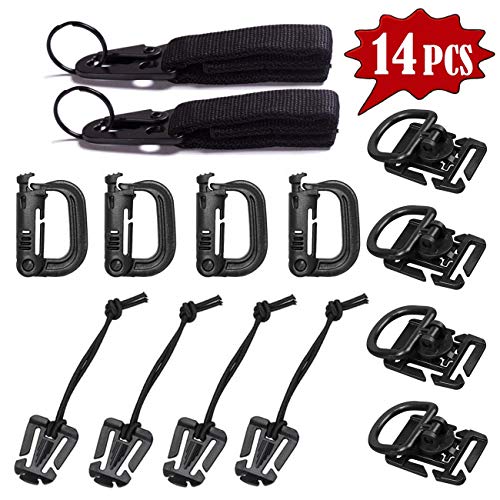 Tragoods Kit of 14 PCS Tactical Molle Attachments for 2 Molle Webbing Key Ring, 4 Tactical 360 Rotation D-Ring Clips, 4 Tactical Gear Military Tube Clip, 4 Tactical D-Ring Locking Hanging Hook