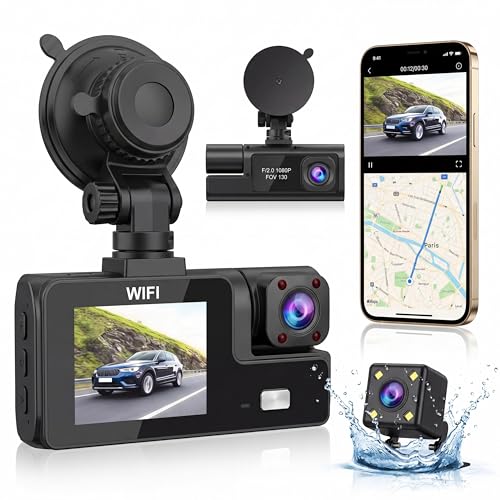 Cámara Dashcam de 3 cámaras 1080P Full HD | Máxima seguridad 360° sin Ángulo Muerto, Visión Nocturna y estacionamiento vigilado, WiFi integrado detección de Movimiento, Ideal para Conductores VTC y