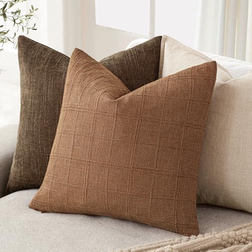 Image of Foindtower Set of 1 Decorative Linen Check Throw Pillow Cover Neutral Farmhouse Vintage Cushion Cover Modern Boho Home Decor for Sofa Chair Couch Bedroom Living Room,22x22 Inch,Orange