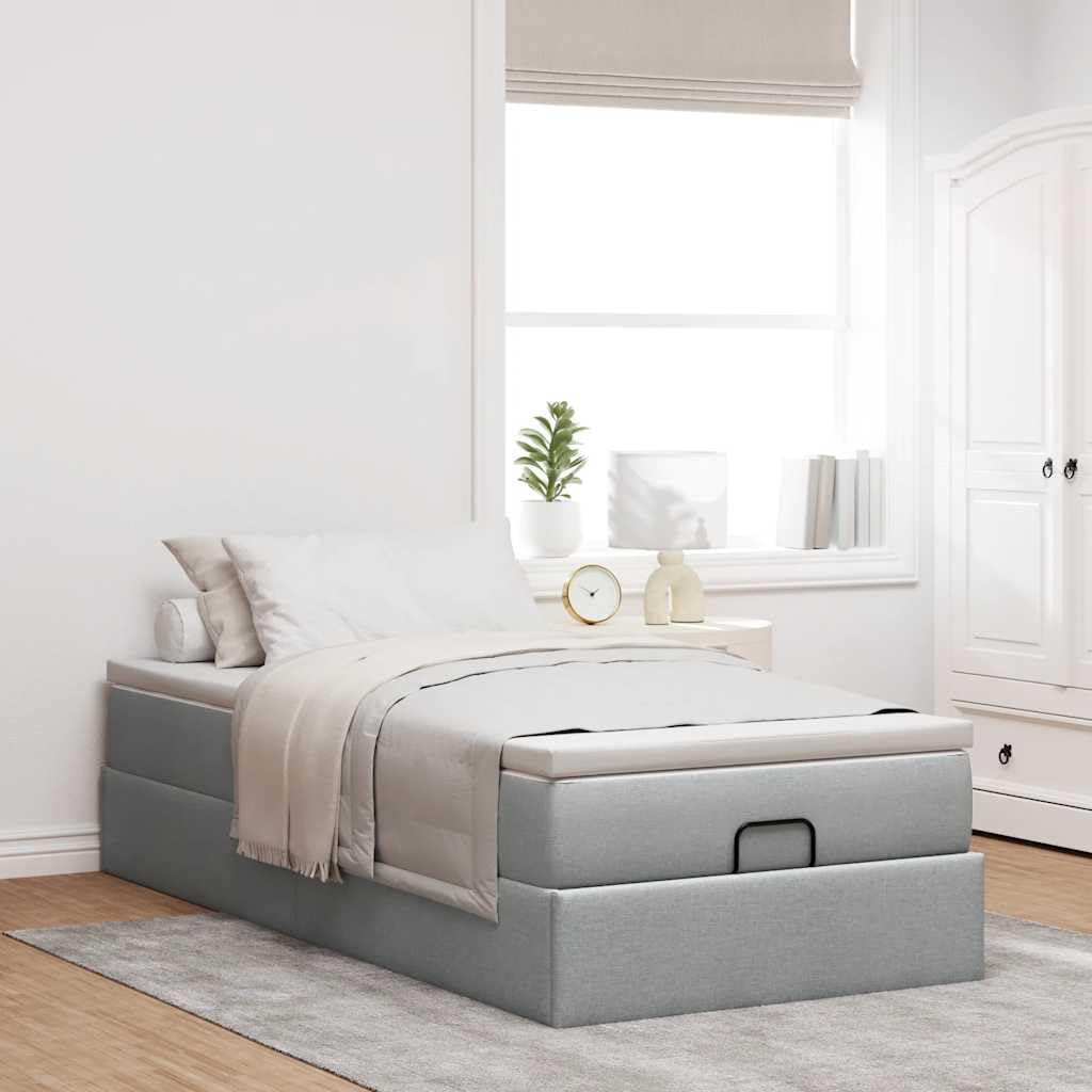 Storage Ottoman Bed Frame with Pocket Spring Mattress 90x200 cm, Light Grey Fabric Upholstered, Hydraulic Lift Up Bed with Mattress Topper, Space Saving Bedroom Furniture