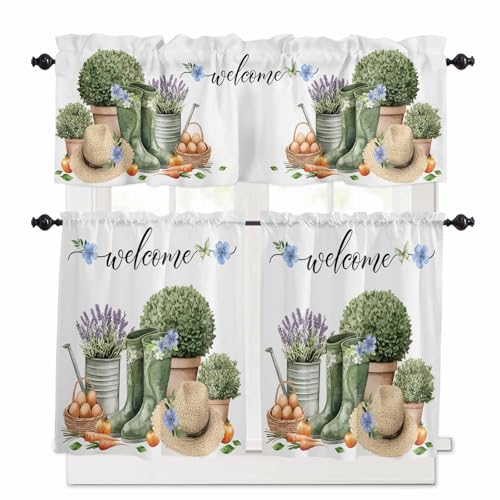 Flowers Butterfly Kitchen Curtains 36 Inch Length,3 Piece Rod Pocket Small Half Tiers and Valance Set,Green Botanical Potted Plant Lavender Small Large Window Treatment Decor for Bedroom/Bathroom