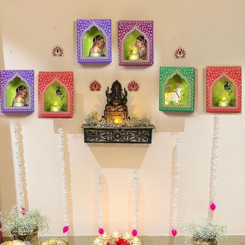 Image of CraftVatika Jharokha Diyas Set of 6 Diwali Decoration Items, Wall Hanging Decor Items Home Decor Festive Decor Items, DIY Craft Traditional Jharokha Box for Hanging