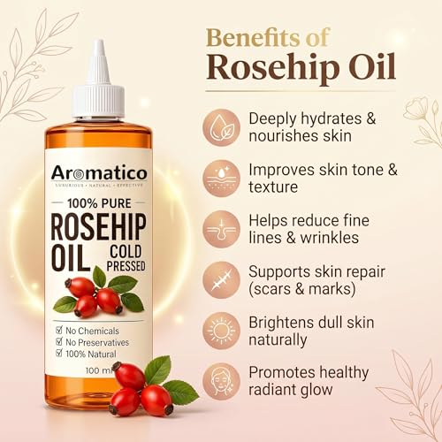 Image of Aromatico - 100% Pure Cold-Pressed Rosehip Oil for Facial and Skin Treatment | Rosehip Seed Oil for Radiant Skin, Lightening Dark Marks, Acne Scars, and Discoloration - 100ml