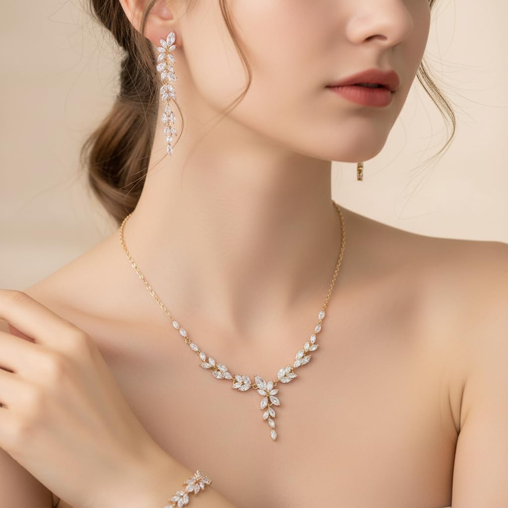 EVER FAITH Cubic Zirkonia Schmuck Set für Braut Brautjungfer, elegante Marquise Blatt Blume Hochzeit Halskette baumeln Ohrringe Armband für Damen
