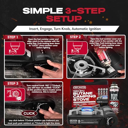 Chef Master Portable Butane Camping Stove, Piezo Ignition 7,650 BTU Output, Wind-Guard Portable Stove Burner with Portable Carrying Case for Emergencies, Road Trips, Hiking, Camping Essentials 90027