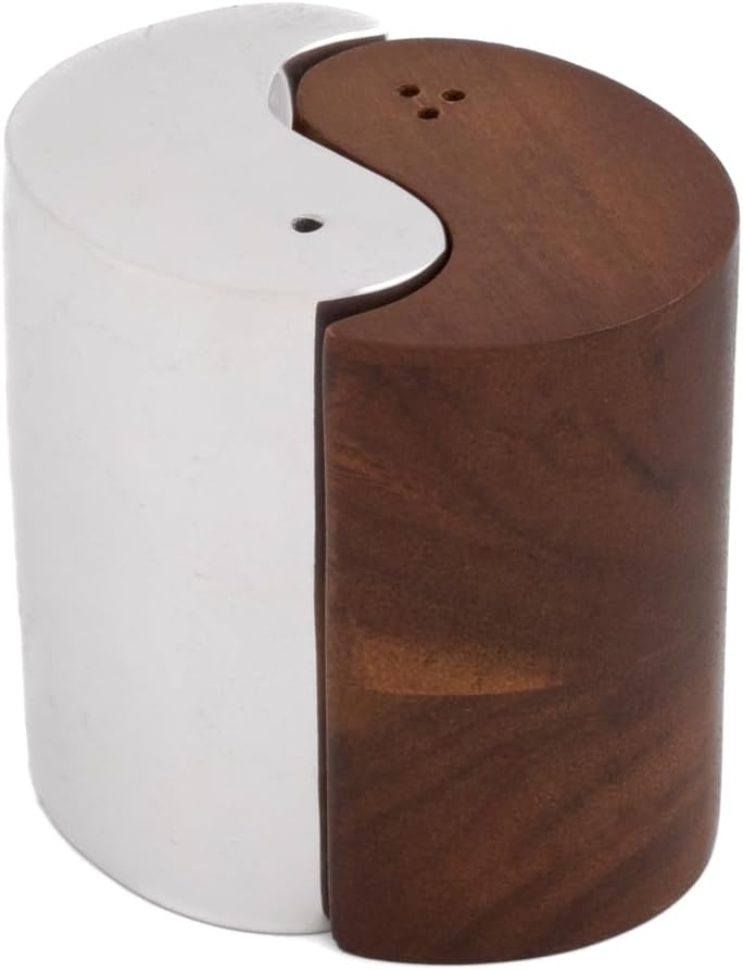 nambe Yin Yang Salt & Pepper Shakers | 2-Piece Set | Kitchen Tool Salt Sugar Spice Pepper Seasoning Bottle | Made of Nambe Alloy and Acacia wood
