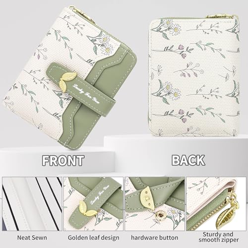 Image of Farcauo Cute Green Flower Wallet for Women Small Kawaii Coin Purse with ID Window Compact Lightweight and Stylish Design Cash Wallet for Ladies