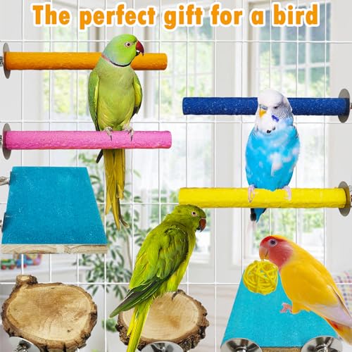Image of Hamiledyi Bird Perch Stand Wood Parrot Stand Platform Colorful Sand Paw Grinding Stick Rattan Wicker Balls Parakeet Chewing Toys for Cockatiel Conure Budgies Parakeet Lovebird(12Pcs)