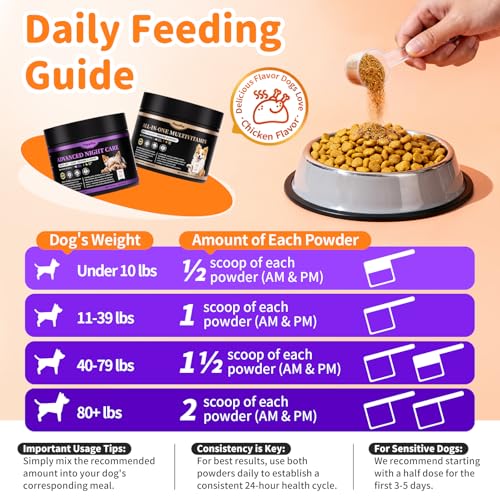 POPPAW Dog Vitamins and Supplements Set, Day Vitality & Night Repair Powder for Joint Care, Gut Health, Multivitamin for Dogs with L-Carnitine, Probiotics, Glucosamine - Chicken Flavor, 150 Scoops