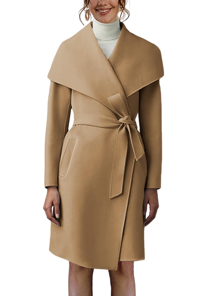 Women's Pea Trench Coat Lapel Collar Long Jacket Open Front Belted Overcoat with Pockets-image-30