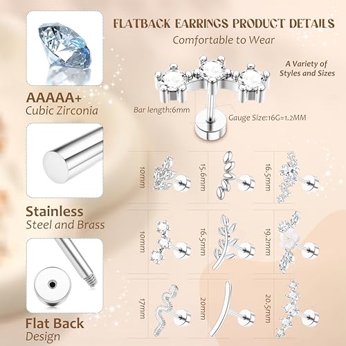 9Pcs Flat Back Cartilage Earrings for Women Trendy 16G Tragus Conch Helix Piercing Jewelry Stainless Steel Snake Star CZ Flat Back Stud Earrings Set4