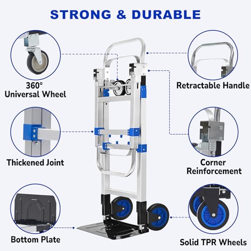 image for ZROECWT Upgraded 3 in 1 Aluminum Folding Hand Truck, 600lbs Capacity, 