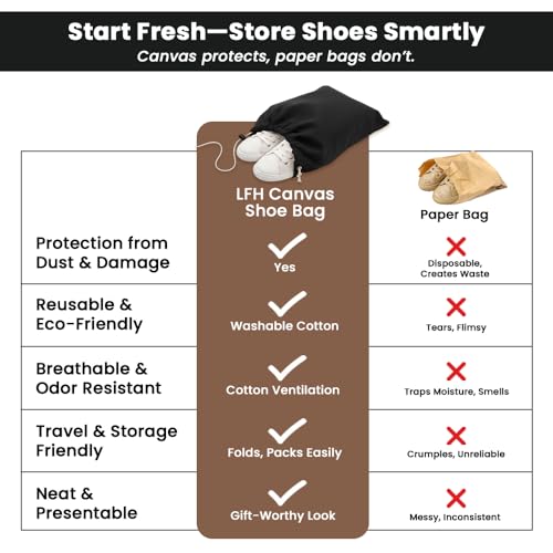 Image of LFH Cotton Rich Shoe Storage Bags with Drawstring, Dustproof Breathable Reusable Organizer, Perfect For Travel, Dorm, Hotel, College, Gym, Machine Washable 12 inchx17 inch (Pack of 2) - Black sand