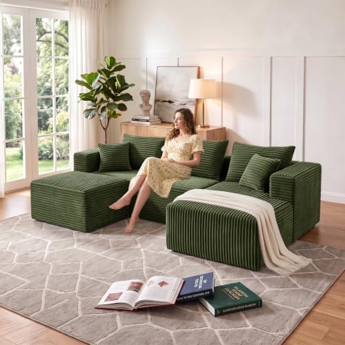 Image of 93 inch U-Shaped Boneless Couch, Corduroy Cloud Couch Sectional with Chaise and Ottoman, Deep Seat Modular Sectional Sofas for Living Room, No Assembly - Olive Green (Right Facing Chaise)