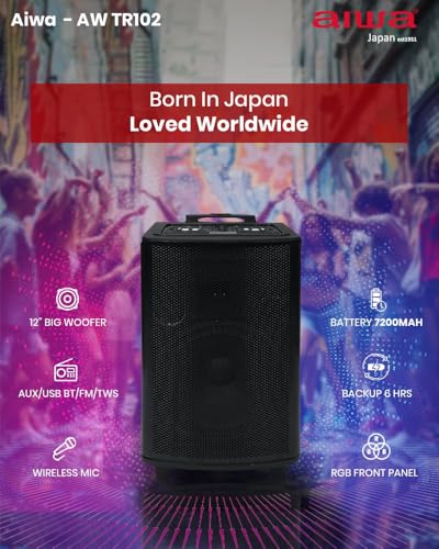 Image of Aiwa Aw-Tr101 Bluetooth Trolley Party Speaker | 100W Powerful Sound with 10 inch Subwoofer, Dynamic Bass Boost, 2 Wireless Mics, 6H Backup, 7200Mah Battery, Party Lights, Recording Feature, Black