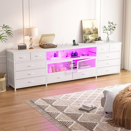 Image of EnHomee 71 inch Long TV Stand for 85 /80 /75 inch TVs with LED,Power Strip,12 Drawers | White Entertainment Center with Open Wooden Shelf, Spacious Storage,Sturdy Metal Frame for Bedroom Living Room